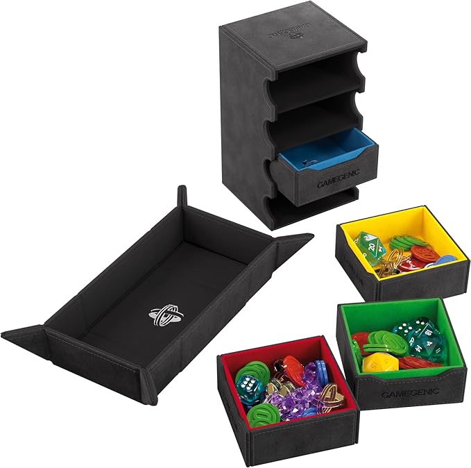 Token’s Lair - Premium All-in-One Token Box with Integrated Dice Tray for Ultimate Gaming Experience, Multifunctional Storage for Game Tokens, Dice and Accessories, Black Color, Made by Gamegenic