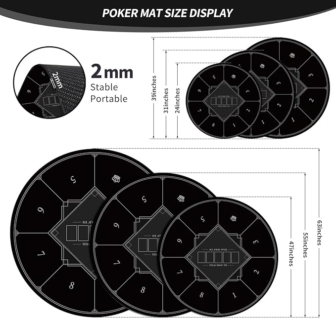 nuveti 24/31/47/55/63inch Round Poker Mat for Texas Holdem | Portable Poker Table Top with Art Deco Layout Print 6-8 Player Game Layout Mat to Play Cards, Poker Games, Blackjack, Casino