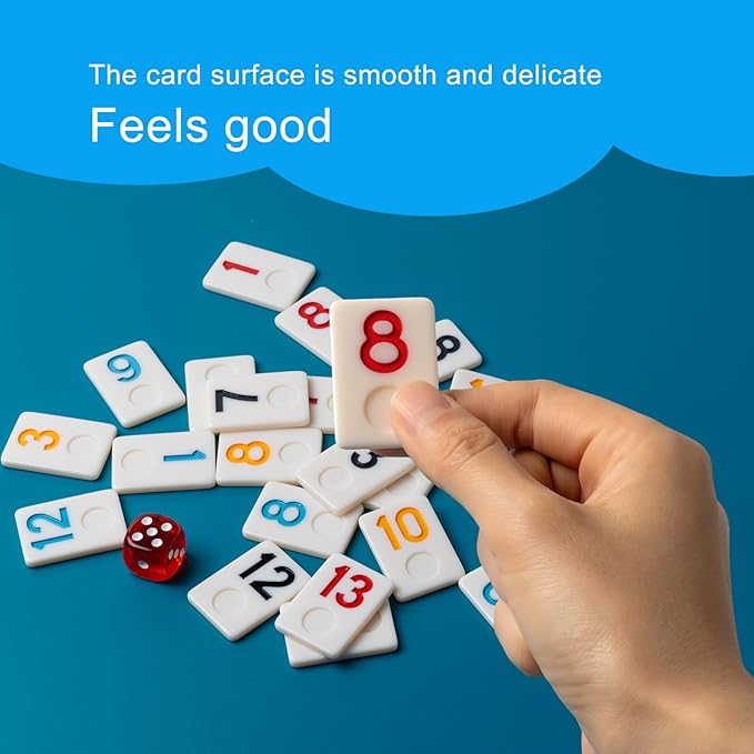 6-8 Players Rummy Cube Game with 8 Wooden Card Stands, 214 Colorful Rummy Cards, Exquisite Portable Box and Velvet Bag, Suitable for Family Gatherings and Travel Game Sets