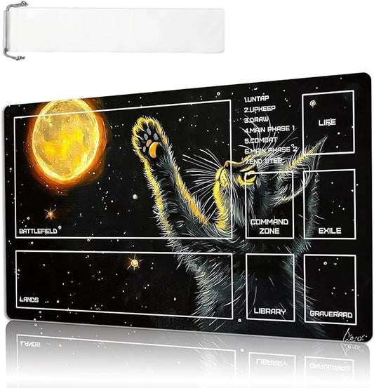 MTG Playmat Size 23.6x13.8in with Storage Bags Portable Playmat TCG and Board Game Mat for Cards Rubber Base Slip-Resistant Mousepad Desk Mat (Moon/Cat,with Zone)
