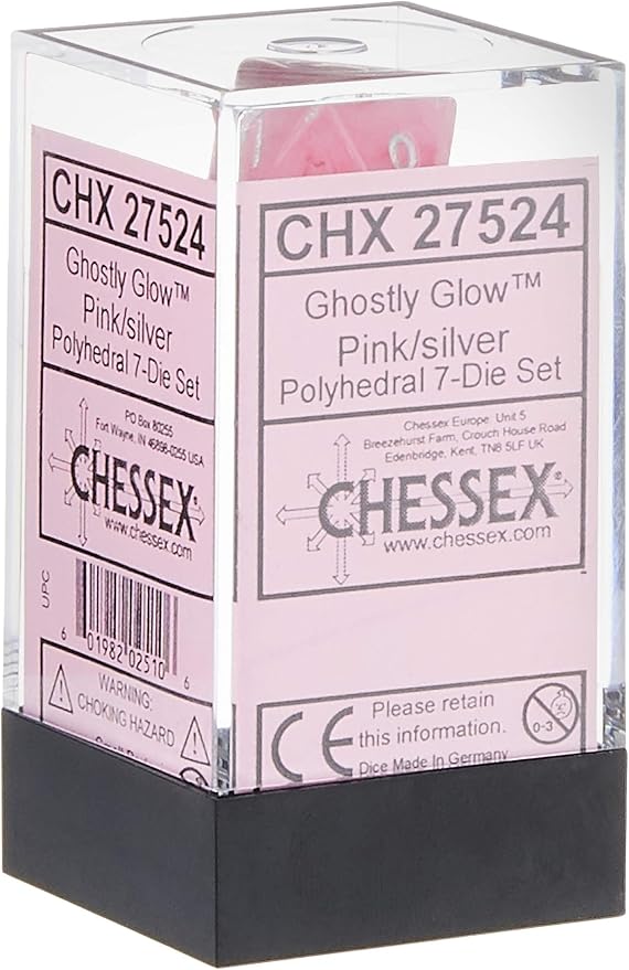 Chessex CHX27524 Dice-Ghostly Glow 7Pc Set, Pink/Silver, Large (18mm - 25mm)