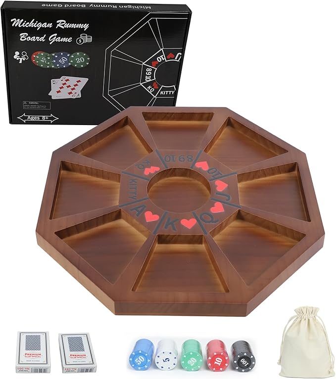 Michigan Rummy Board Game Deluxe Set Perfect Blend of A Royal Game of Hearts Rummy Poker Wooden Tripoley Game Betting Bluffing Classical Family Card for 100 Chips (Walnut -Medium)