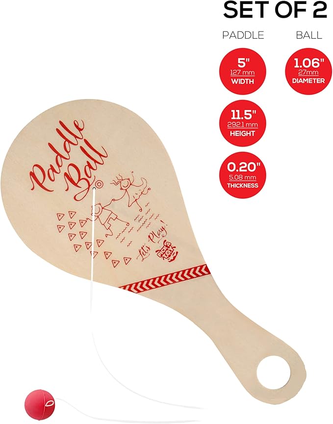 Wooden Paddle Ball (Set of 2) with Red Carry Bag Indoor Outdoor Toy: Fun and Classic Paddleball Game for Boys and Girls, Party Favor Toys Ages 4+