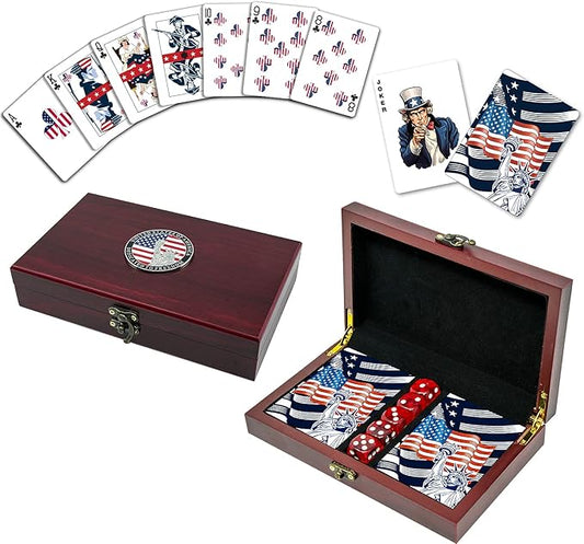 Military Gift Shop American Flag Playing Cards with Dice – Wooden Keepsake Box Adorned with Metal USA Medallion Dedicated to Freedom - Veteran Owned Business
