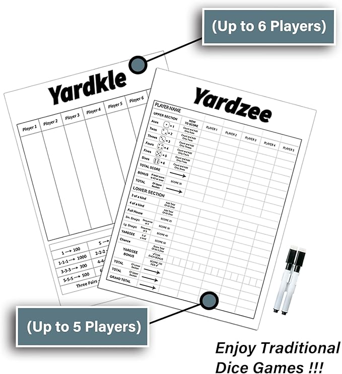 SPORT BEATS Giant Varnished Pine Wood Yard Dice, Outdoor Games Set of 6 with Two Games and Collapsible Bucket