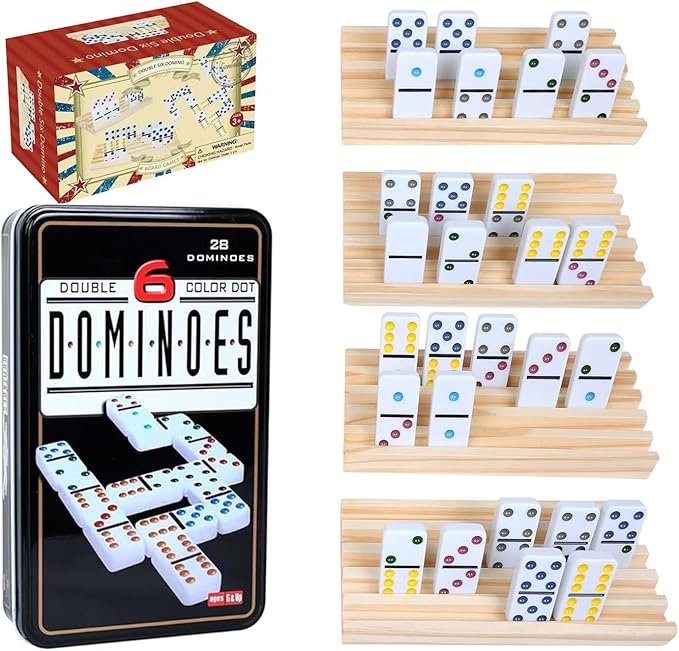 GOTHINK Dominoes Set for Adults with 4 Wooden Trays/Racks, Double 6 Dominoes Set Travel Set with 4 Tiles Holders, 28 Tile Colored Dot Dominos in Tin Box Classic Family Board Games for 2-4 Players