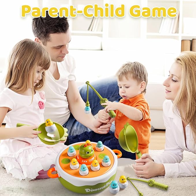 4-in-1 Dinosaur Pop Up Board Games for Toddlers, Magnetic Fishing Game Tic Tac Toe Bowling Toys, Rotate Music Dino Bounce and Catch Game, Family Games for Kids 3-5 4-8 Boy Girl