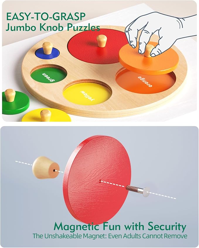 Montessori Multiple Circle Puzzle Board, Knob Wooden Puzzle, Geometric Shape Puzzle Early Education Material Sensorial Toy for Toddler Shape & Color Sorter (Multiple Circle Puzzles)