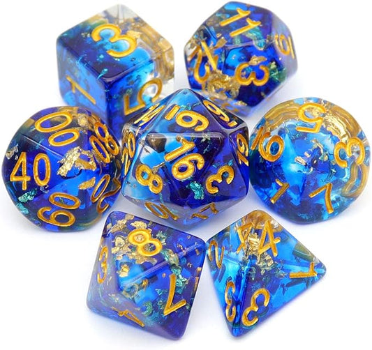 Haxtec DND Dice Set 7PCS Polyhedral Dice for Roleplaying Dice Games as Dungeons and Dragons-Blue Clear Gold Foil