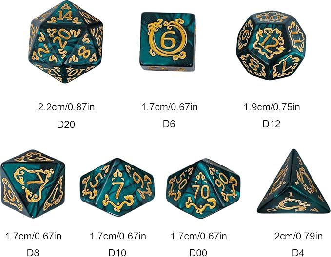 7-Die DND Dice Set Dragon Pattern Polyhedral Dice Set with Leather Bag D&D Dice Set for Dungeons and Dragons RPG MTG Table Games (Green W/Gold Dragon Pattern)