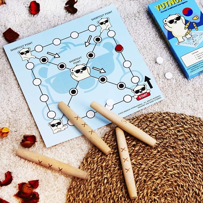 GEEKBEAR YUTNORI Board Game - Korean Board Game YUNNORI- Traditional Korean Folk Game with Yuts - Traditional Korean Family Game with Woodsticks - Korea YUT Nori Game