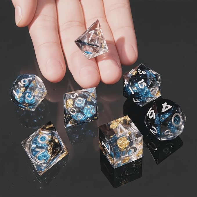 Liquid Core Quicksand Resin DND Dice, Sharp Edge Dungeons and Dragons Polyhedron Game Dice Set for Role Playing Games RPG Explorer Magic, Holiday Birthday Gifts Party Favors
