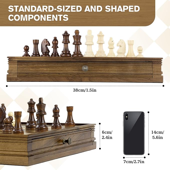 Peradix Magnetic Chess Checkers Board Sets with 2 Built-in Storage Drawers,12.8" Classic 2 in 1 Wooden Games with 2 Extra Queens for Kids and Adults,Travel Portable Chess Game Set