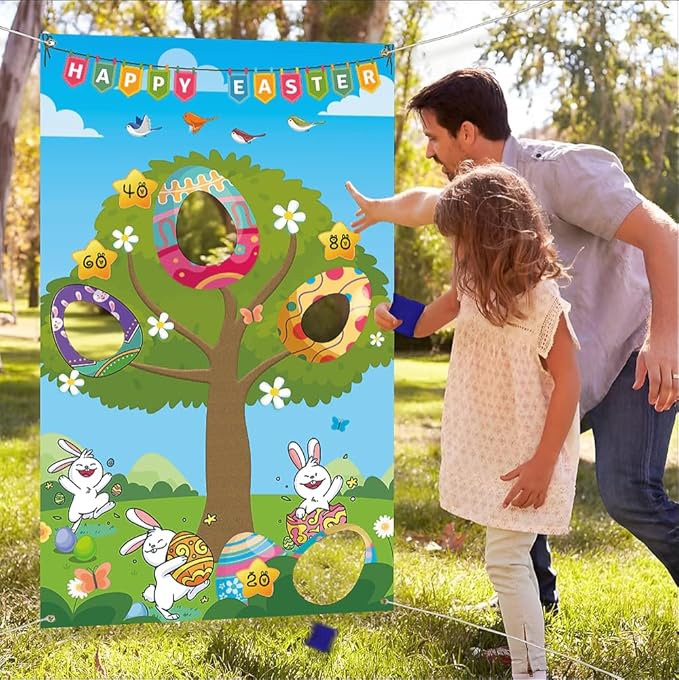 Upgraded, Easter Games, Funny Bunny Egg Toss Game, with 4 Bean Bags, Premium Banner and Accessories, Easter Party Games for Kids Adults Family Outdoor, Party Activities Supplies