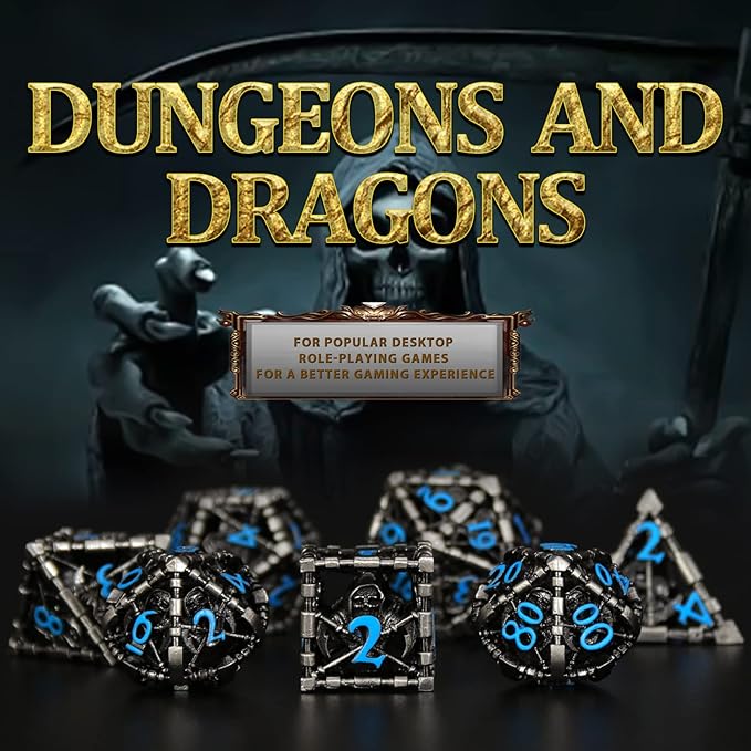 ZHOORQI DND Dice Set for Dungeons and Dragons, 7 Pcs/Set Grim Reaper Metal Dice Set Polyhedral RPG D&D Dice for DND Gifts（S-Blue Number）