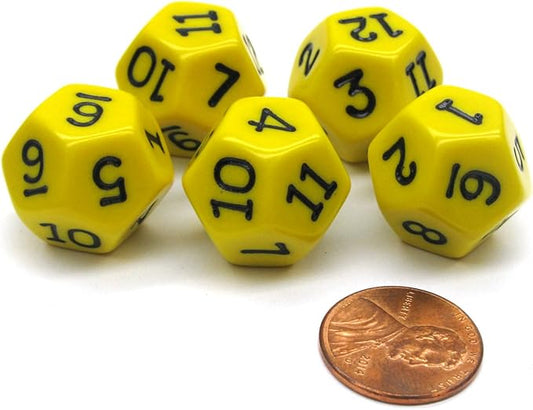 Koplow Games Set of 5 D12 12-Sided 18mm Opaque RPG Dice - Yellow with Black Numbers