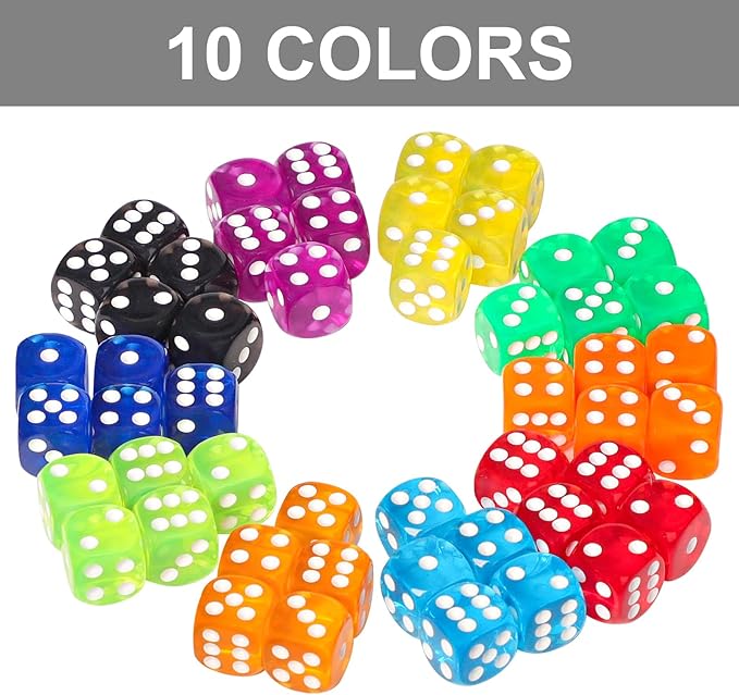 50 Pieces 16mm Colored Dice Set, Bulk Dice in 10 Translucent Colors with a Blue Drawstring Storage Bag, 6 Sided Dice for Board Games