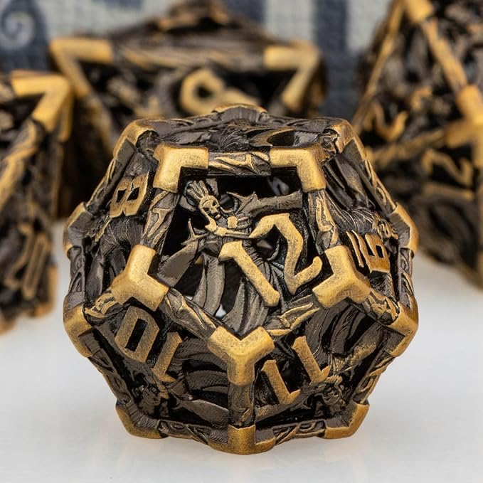 Hollow DND Dice Set Metal Wizard Dice with Box, 7pcs Ancient Gold Polyhedral D and D Dice for use with D&D RPG Tabletop Games Role Playing Game