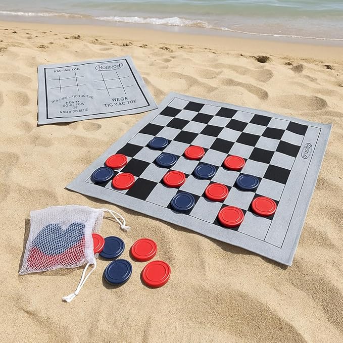 Bolaball 3-in-1 Giant Checkers, Tic Tac Toe Jumbo Game, 26"x26", Reversible Carpet, Indoor Outdoor Yard Board Game for Family and Friends with 24 Chips
