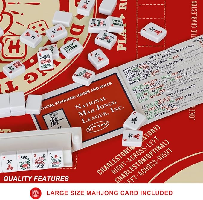 Mahjong Mat with Rules for Table,Travel Mahjong Set,Non-Slip and Silent,Comes with 2 Dice and 1 Coral Velvet Mahjong Mat Storage Bag,Mahjong Cards 2025(Red)