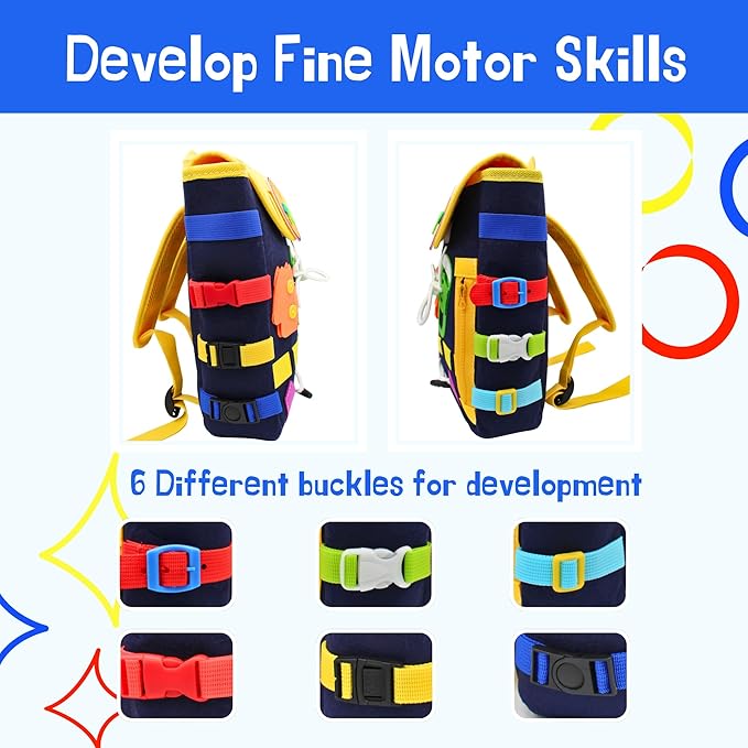 Busy Board Toddlers Travel Backpack - Learning Activities for Kids to Develop Fine Motor Skills and Basic Life Skills - Montessori Sensory Toys (Blue)