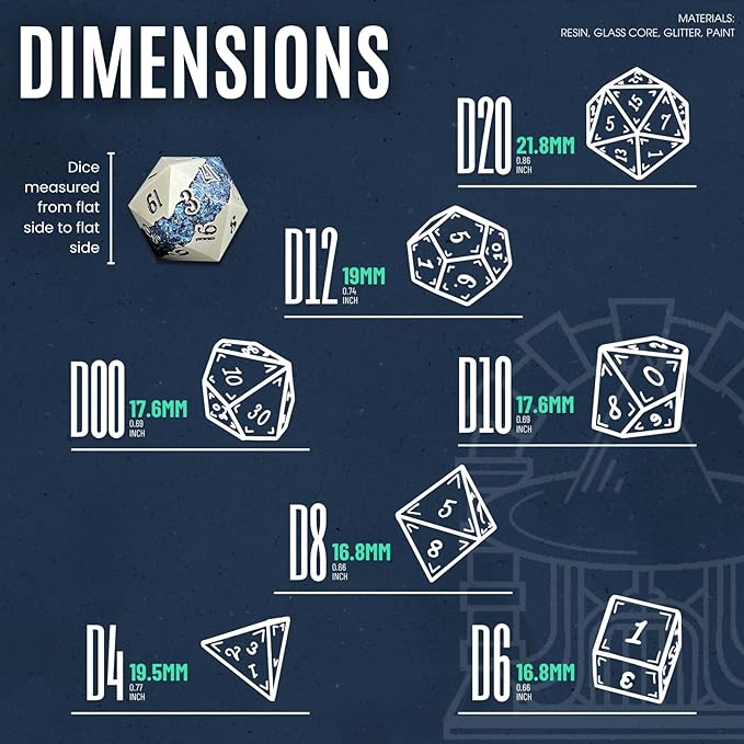 Sage's Portal Metal Riftstone DND Dice 7-PC Polyhedral Dice Set for DND TTRPG Dungeons and Dragons Pathfinder Oversized Designer Dice (Pearl Silver/Aquamarine)