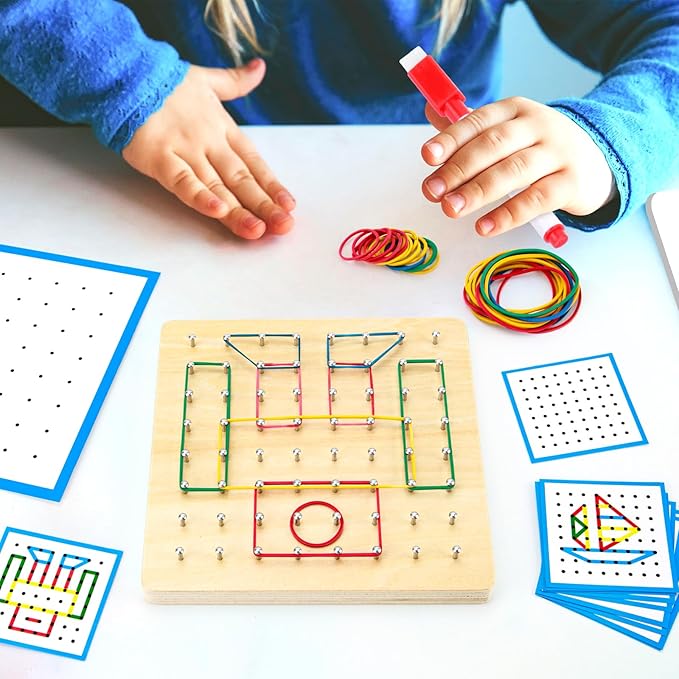 HEELWIRE Wooden Geoboard,Montessori Toy,Graphical Mathematical Education Toy for Kids with Pattern Cards and Rubber Bands to Figures and Shapes, Brain Teaser STEM Toy Geo Board., Plus 7*7*0.6in