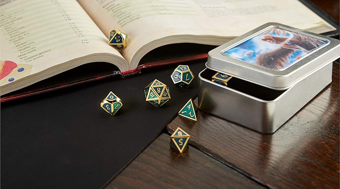 Metal DND Dice Set Blue/Gold Polyhedral Dice with Polished Tin Carrying Case for Table Top Games D&D Dungeons and Dragons Role Playing Games