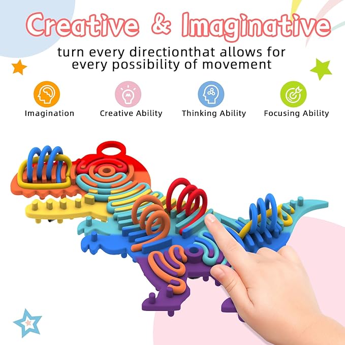 Silicone Sensory Activity Board,Double-Sided Busy Board for Fine Motor Skill,Fidget Toy for Calming, Stress, Anxiety, ADHD , Autism , Silent, No Mess , Kids 3+ & Adults(Dinosaur,Colorful)