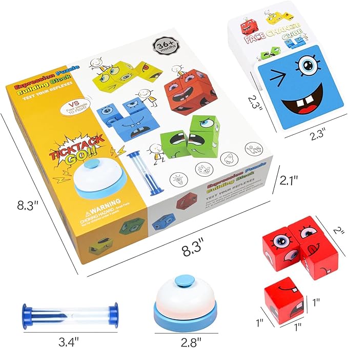 Xylolin Expression Puzzle Building Blocks, Wooden Face Changing Cube Building Blocks Toy with Bell and Sand Clock, Matching Board Games for Kids Ages 3 Years and up