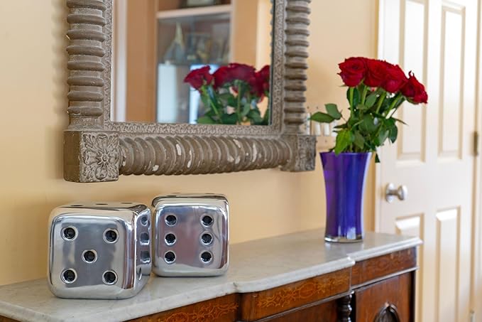 Modern Day Accents 4104 Dados Decorative Dice, Silver with Black Dots, Vegas Decor, Man Cave, Bar Decor Tabletop, Centerpiece, Sculpture, 6", Set of 2