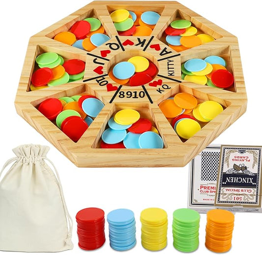 Michigan Rummy Game Luxury Set Royal Hearts Rummy Poker Wooden Tripley Board Game Bravado Game Classic Family Card Game 100 Chips 2 Playing Cards (Small Octagon, Log Color)