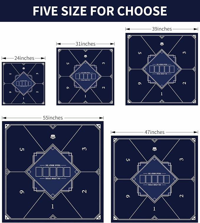 nuveti 24/31/39/47/55 inch Square Foldable 6-Player Texas Poker Card Tabletop Layout Portable Anti-Slip Rubber Board Game Mat Texas Hold'em Poker Mat for Family Game, Casino, Party
