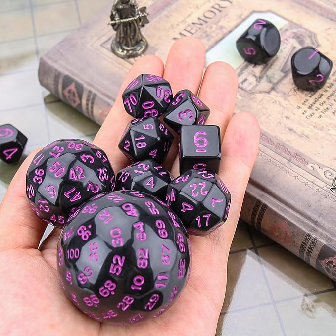 Coyeekn DND Dice 15 Pieces Polyhedral Dice D3-D100 with Dice Bag for Role Playing Table Games (Black & Purple)