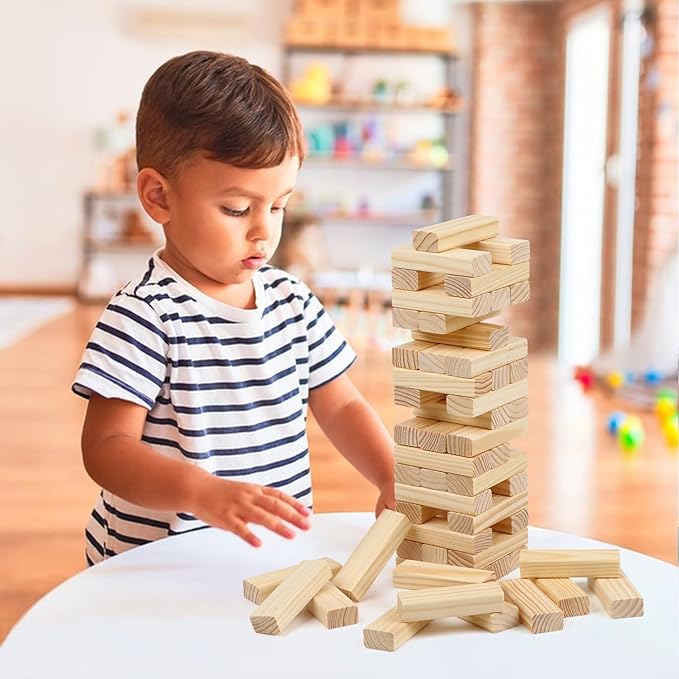 54PCS Classic Block Stacking Board Game Wooden Blocks Stacking Games for Kids and Families Tumbling Tower Blocks Game for Kids and Adults with Storage Bag