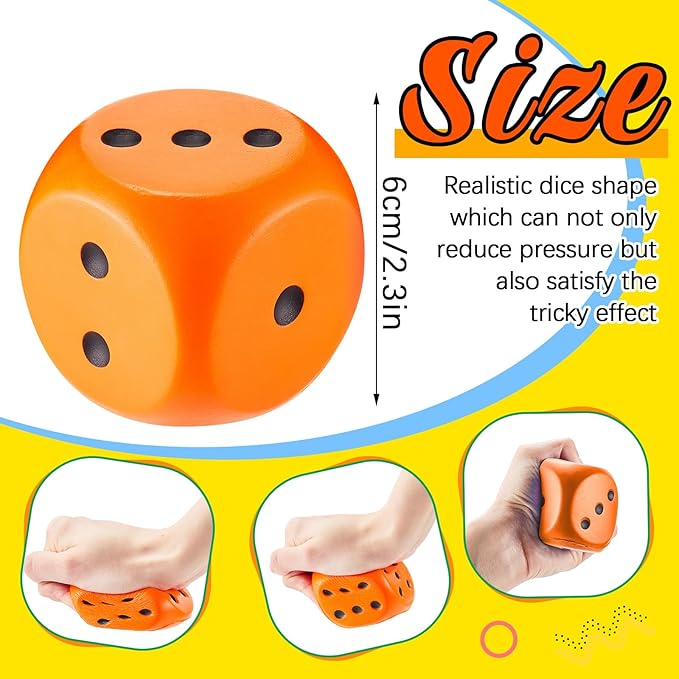 Zomiboo 2 Pcs Large Foam Dice Stress Balls Soft Jumbo 6 Sided Giant Dice Educational Learning Squeeze Anxiety Relieve Toy Gifts for Adults Kids Board Game Classroom(Blue, Orange,2.3 Inch)