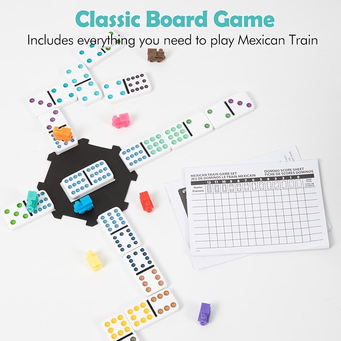 DAILYLIFE Mexican Train Dominoes Set, Double 12 Dominoes Set with Portable Case, 91 Tiles Colored Dominos Set for Adults, Mexican Train Games for Family Night, Travel, Party