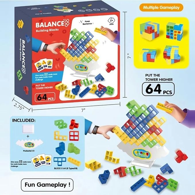64 Pcs Tetra Tower Stack Game, Team Tower Balancing Games, Balance Stacking Blocks Game for Kids Adults Family Night, Party Indoor Activities, Educational STEM Toys for Ages 6+