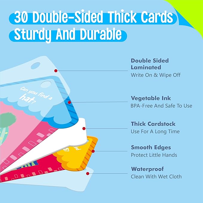 SpriteGru 30PCS Indoor Scavenger Hunt Cards, Double-Sided Card Toddler Activity Game for Homeschooling, Kids & Preschoolers, 1 Plastic Ring Included