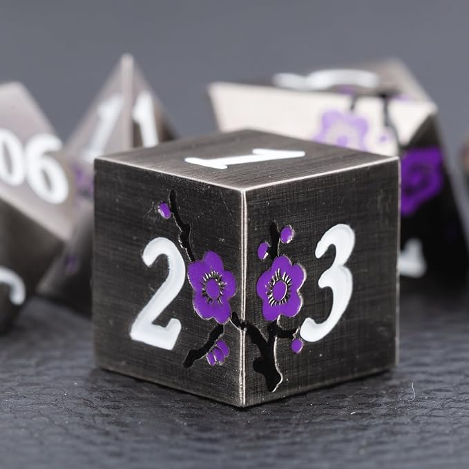 Black Metal DND Dice, Flower Metal D&D Dice Set with Gift Case for Dungeons and Dragon,7 PCS Solid Metal Dice for Tabletop Game(Antique Nickel-Purple)