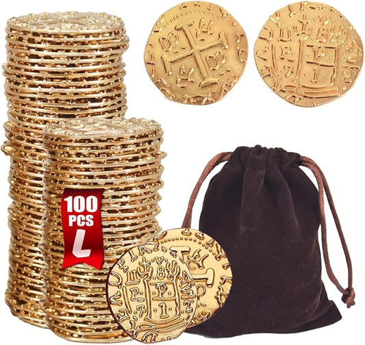 Large Metal Pirate Coins Gold Treasure Coin Set, Metal Replica Spanish Doubloons for Board Games, Tokens, Toys, Cosplay – Realistic Money Imitation for Treasure Chest - Size 1.18" (Gold 100 PCS)