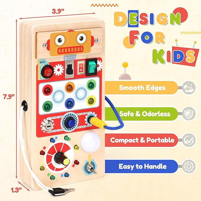 Upltowtme Montessori Busy Board for Toddlers LED Wooden Sensory Toy with 8 Switch Light Early Activity Motor Skills Educational Toy for 3+ Year Old Boys Girls Orange Robot Chirstmas Gift for Kid