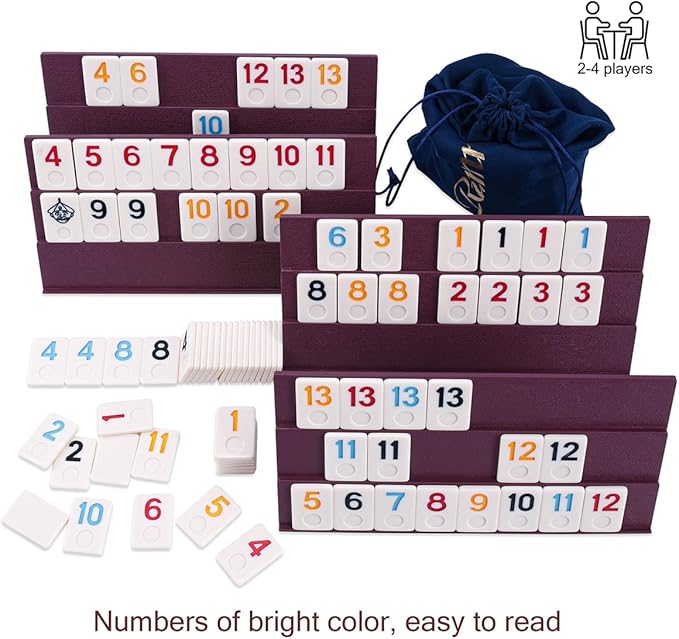 Rummy Cube Game Set with 4 Plastic Racks and 106 Melamine Tiles, Color Case with 4 Tiles Holders