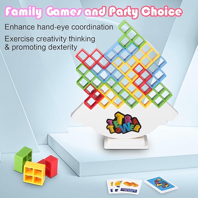 48 PCS Tetra Tower Stacking Game, Building Balance Blocks Board Game, 1-4 Players Family Games for Kids, Adults, Party, Friends, Team, Travel