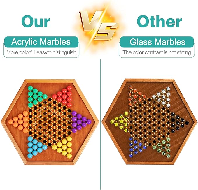 HOLYKING 12.6 Inchs Wooden Chinese Checkers with Drawer-Traditional Board Game with Set of 60 Colorful Acrylic Marbles, Classic Strategy Family Game for up to 6 Players
