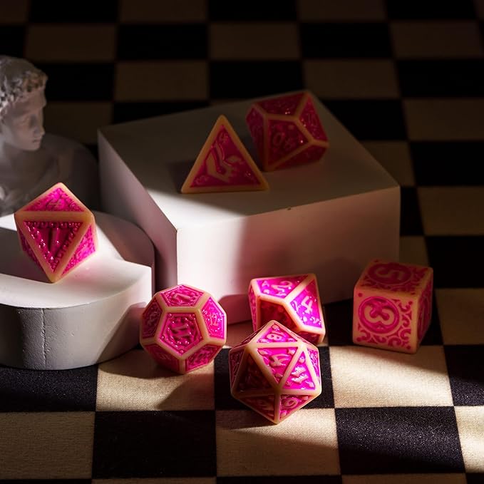 7-Die DND Dice Set New Pattern Polyhedral Dice Set with Leather Bag D&D Dice Set for Dungeons and Dragons RPG MTG Table Games(Yellow Pink)