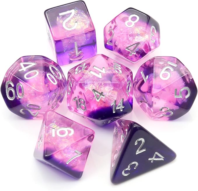 Haxtec DND Dice Set Purple Resin Polyhedral Dice with Iridecent Mylar Inclusions for D&D Dungeons and Dragons TTRPG Gifts