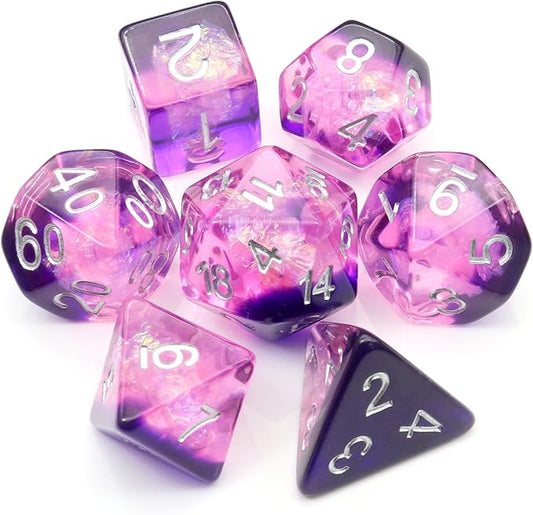 Haxtec DND Dice Set Purple Resin Polyhedral Dice with Iridecent Mylar Inclusions for D&D Dungeons and Dragons TTRPG Gifts