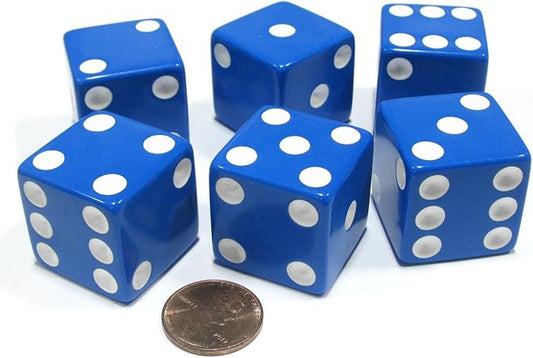 Koplow Games Set of 6 D6 25mm Large Opaque Jumbo Dice - Blue with White Pip
