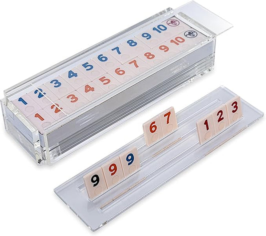 Luxury Rummy Tile Set Game in Handmade Acrylic Case with 4 Racks Included (Clear)